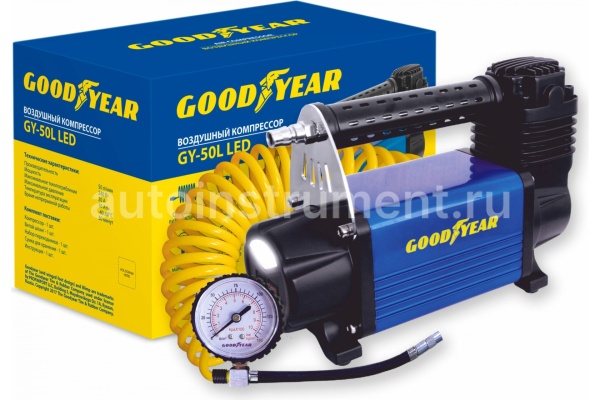 Автомобильный воздушный компрессор Goodyear GY-50L LED 50 л/мин GY000113 с фонарем и съемным винтовым шлангом