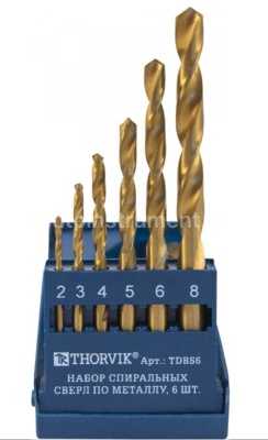 Набор свёрл по металлу 6пр. HSS TiN THORVIK , d2.0-8.0 мм, пласт. кейс