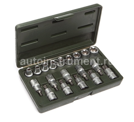 Набор головок TORX 1/2" Головки: E10-E24;  Головки со вставками: T20-T70, 19 штук. ДЕЛО ТЕХНИКИ 623719