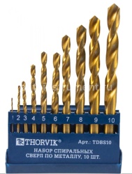 Набор свёрл по металлу 10 пр. HSS TiN THORVIK d1.0-10.0 мм, пласт. кейс