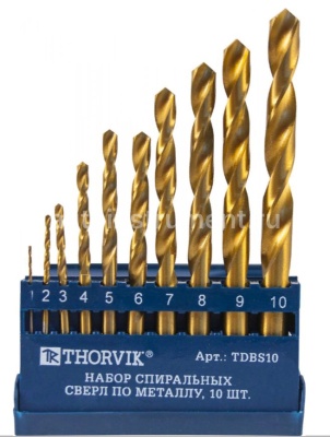 Набор свёрл по металлу 10 пр. HSS TiN THORVIK d1.0-10.0 мм, пласт. кейс